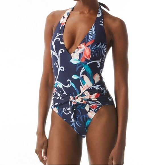 CARMEN MARC VALVO Women's Floral-Print V-Neck Halter One-Piece Swimsuit swim 14 - Picture 5 of 11